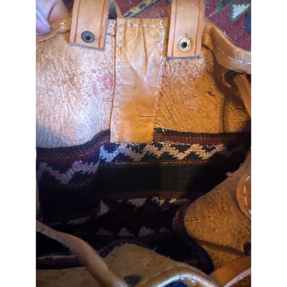 VINTAGE BACKPACK HAND WOVEN WOOL KILIM TOOLED LEATHER SLING PURSE TOTE BAG main image 11